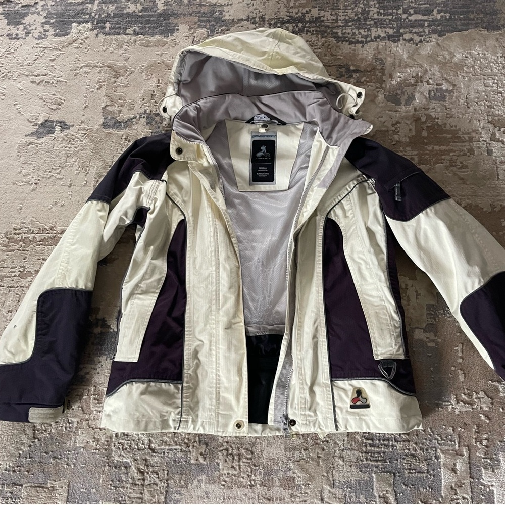 Powder Room Cream and Purple snowboarder coat
